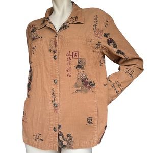 Vintage Chico's Design Geisha Asian Inspired Button Down Corduroy Shirt Size med